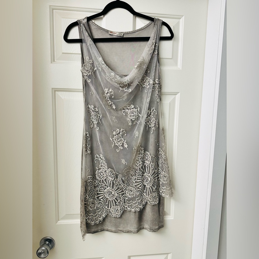 Motel Italy 🇮🇹 Gray Lace Tunic Top Mini Dress S M L